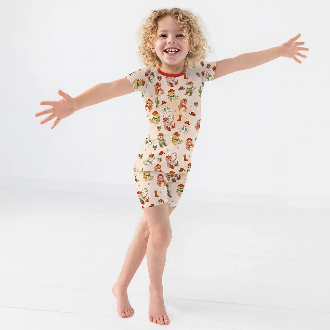 Christmas Cowboy Teddy Two Piece Short Sleeve Shorts Pajama Set