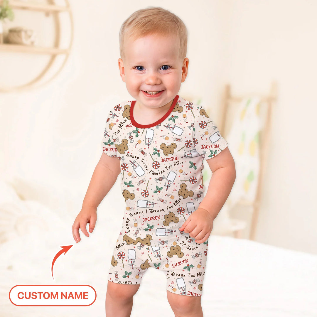 Custom Name Sorry Santa I Drank The Milk Two Piece Short Sleeve Shorts Pajama Set , Custom Name Sorry Santa I Drank The Milk Two Piece Short Sleeve Shorts Pajama Set - 12-18M