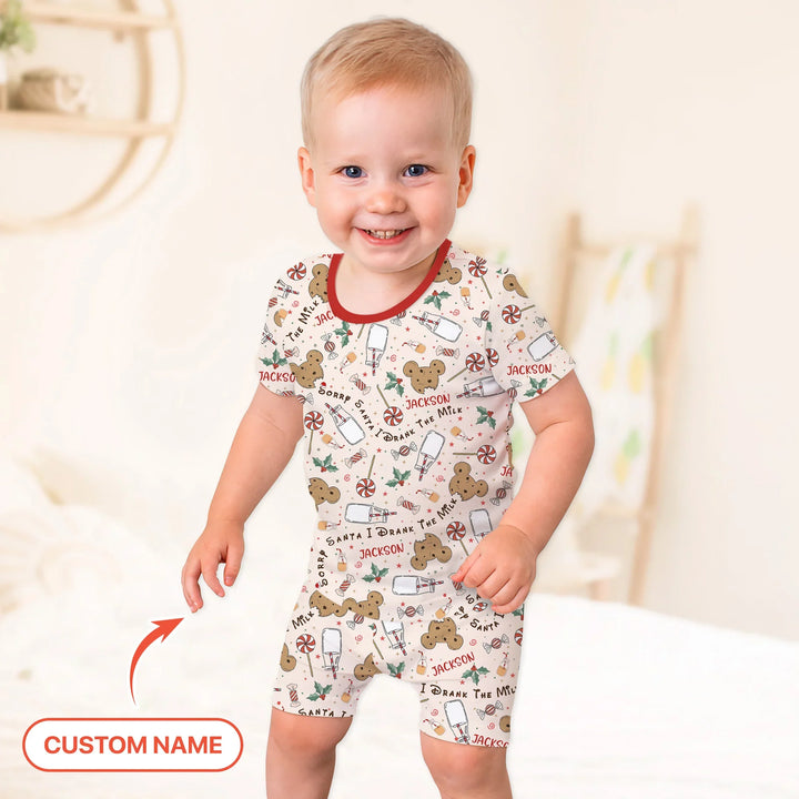 Custom Name Sorry Santa I Drank The Milk Two Piece Short Sleeve Shorts Pajama Set , Custom Name Sorry Santa I Drank The Milk Two Piece Short Sleeve Shorts Pajama Set - 12-18M