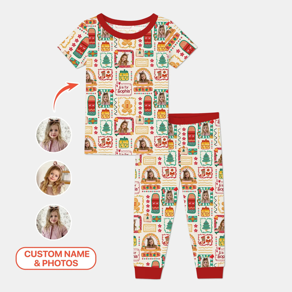 Custom Photo Christmas Frame Custom Name Two Piece Short Sleeve Pajama Set , Custom Photo Christmas Frame Custom Name Two Piece Short Sleeve Pajama Set - 12-18M
