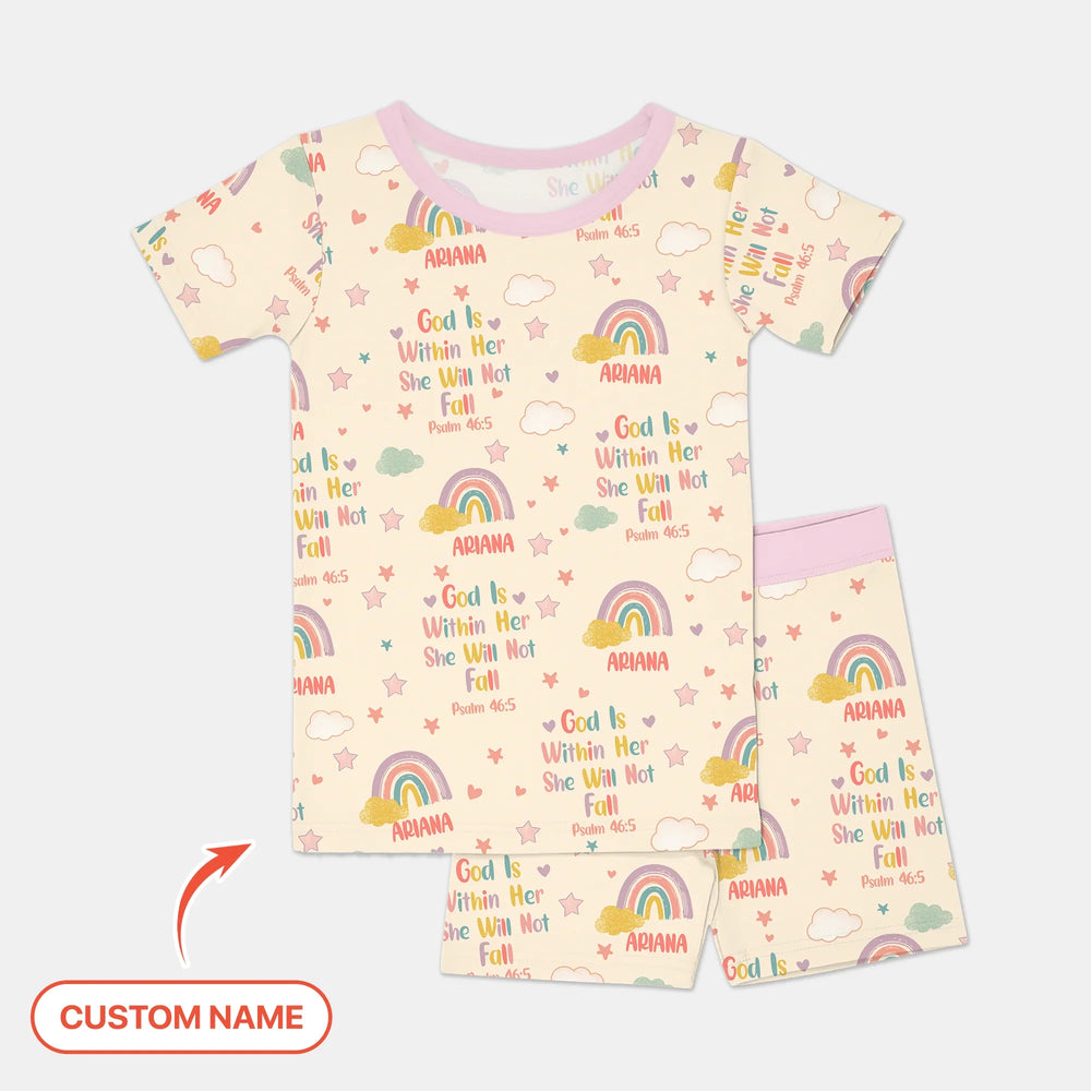 God Is Within Her She Will Not Fall Custom Name Two Piece Short Sleeve Shorts Pajama Set , God Is Within Her She Will Not Fall Custom Name Two Piece Short Sleeve Shorts Pajama Set - 12-18M