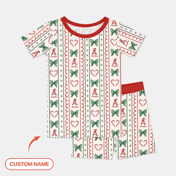 Custom Name Christmas Stripes Two Piece Short Sleeve Shorts Pajama Set , Custom Name Christmas Stripes Two Piece Short Sleeve Shorts Pajama Set - 12-18M