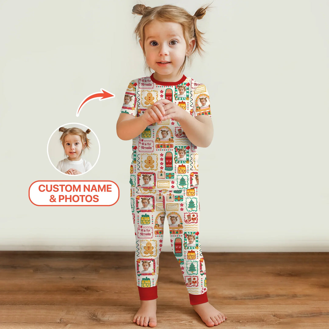 Custom Photo Christmas Frame Custom Name Two Piece Short Sleeve Pajama Set , Custom Photo Christmas Frame Custom Name Two Piece Short Sleeve Pajama Set - 12-18M