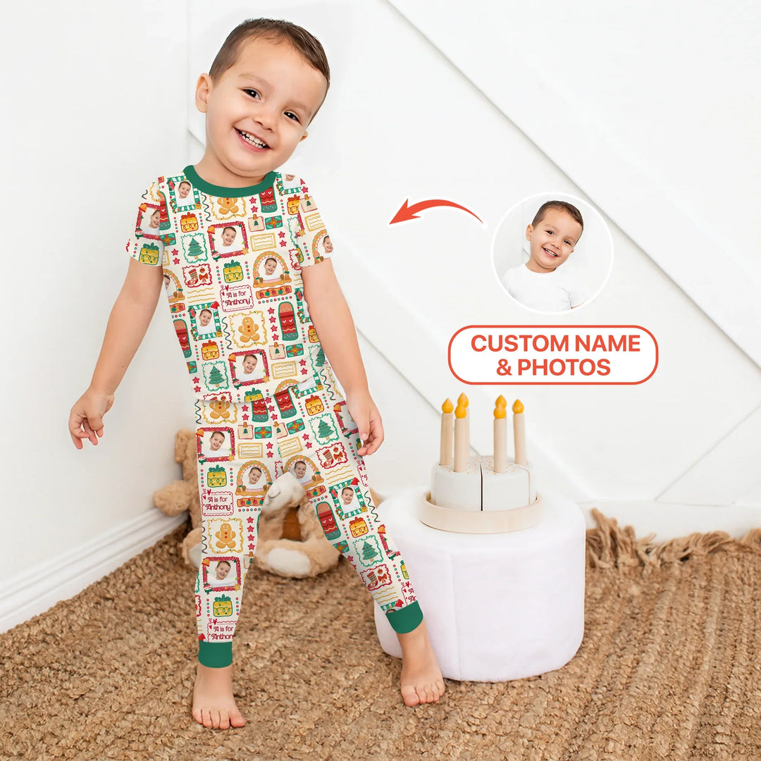 Custom Photo Christmas Frame Custom Name Two Piece Short Sleeve Pajama Set , Custom Photo Christmas Frame Custom Name Two Piece Short Sleeve Pajama Set - 12-18M