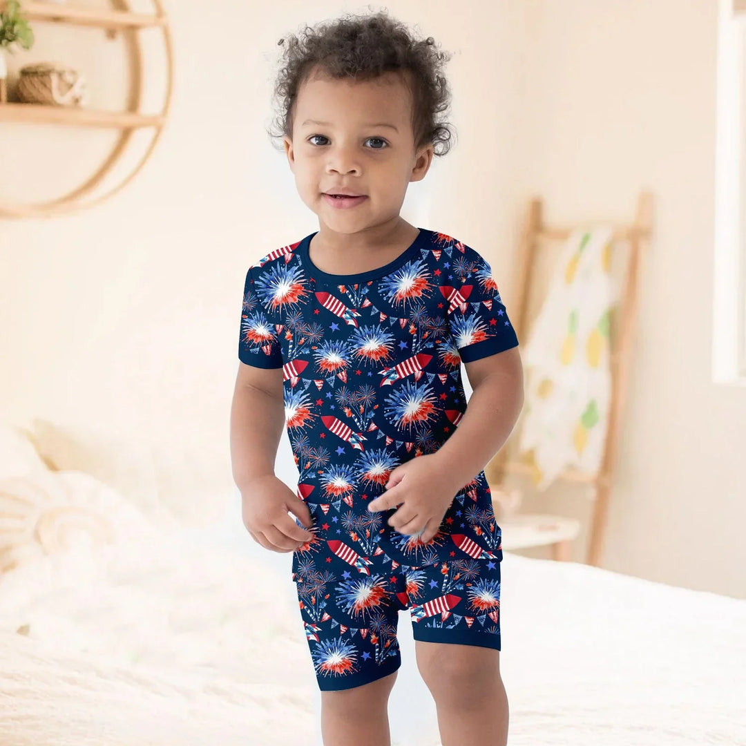 Firework Two Piece Short Sleeve Shorts Pajama Set , Firework Two Piece Short Sleeve Shorts Pajama Set - 12-18M