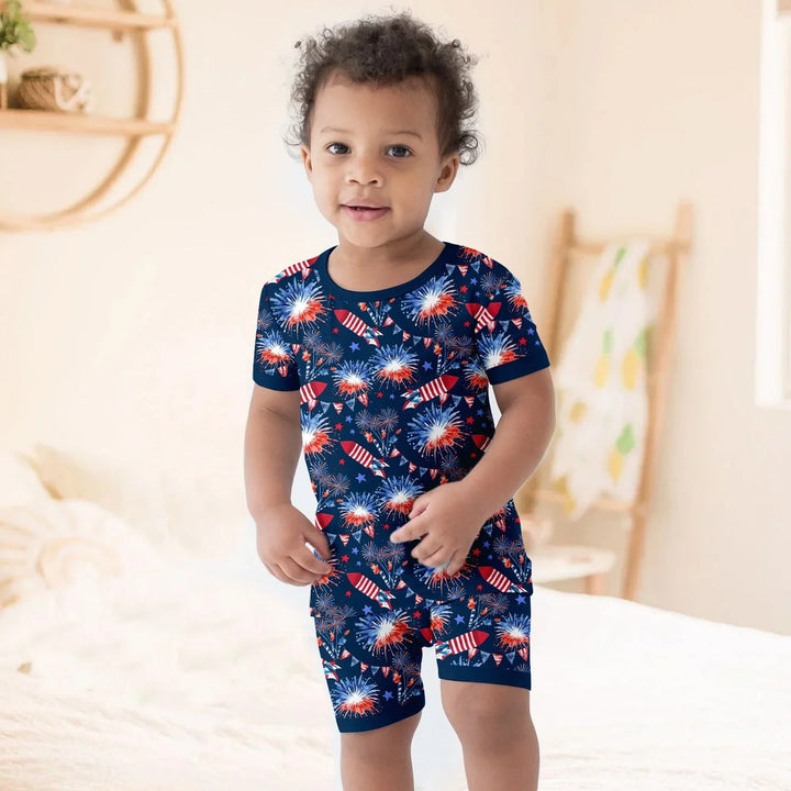 Firework Two Piece Short Sleeve Shorts Pajama Set , Firework Two Piece Short Sleeve Shorts Pajama Set - 12-18M