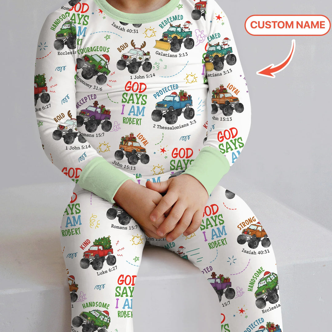 Personalized God Says I Am Christmas Monster Truck Two Piece Long Sleeve Pajama Set