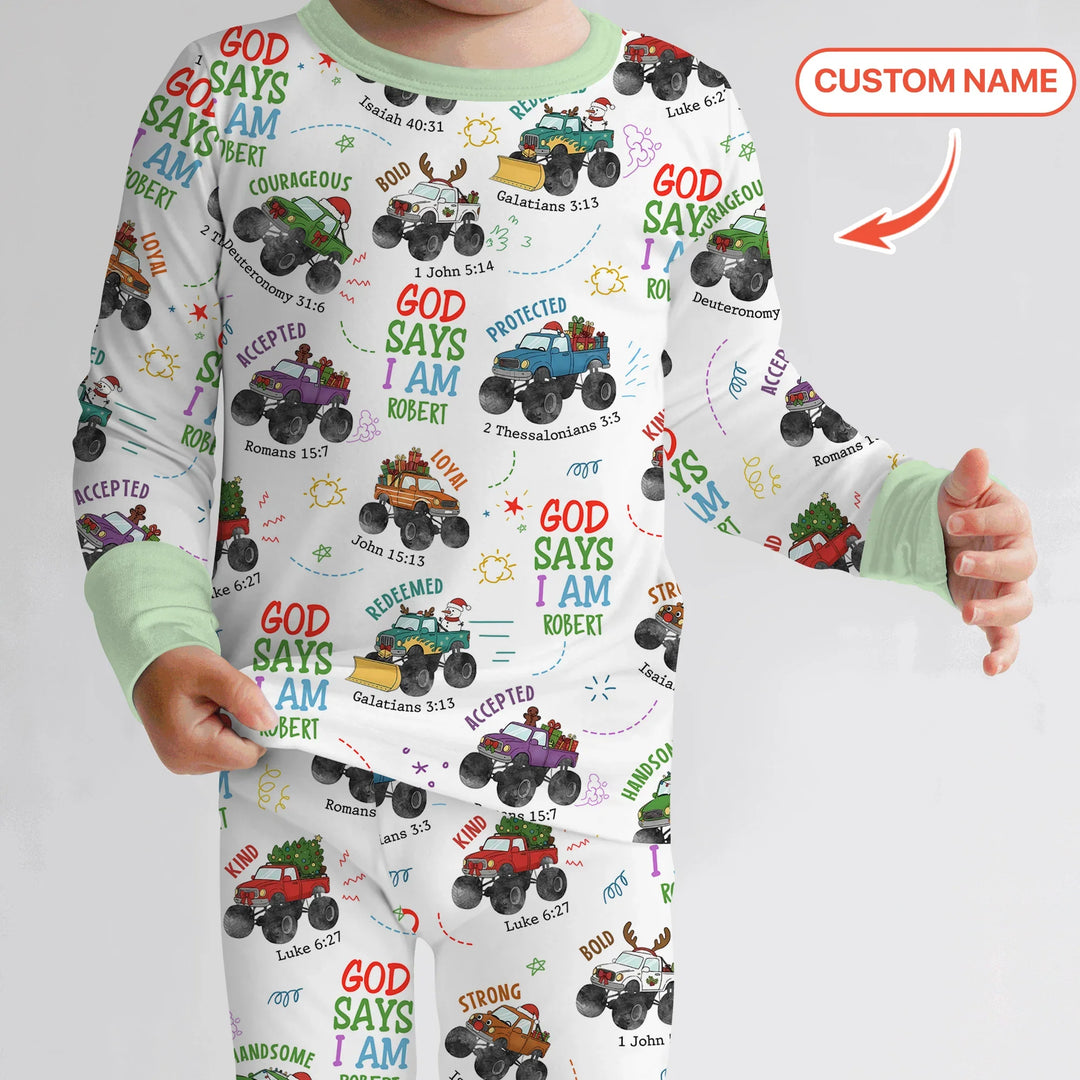 Personalized God Says I Am Christmas Monster Truck Two Piece Long Sleeve Pajama Set
