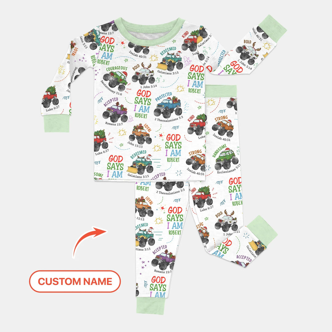Personalized God Says I Am Christmas Monster Truck Two Piece Long Sleeve Pajama Set