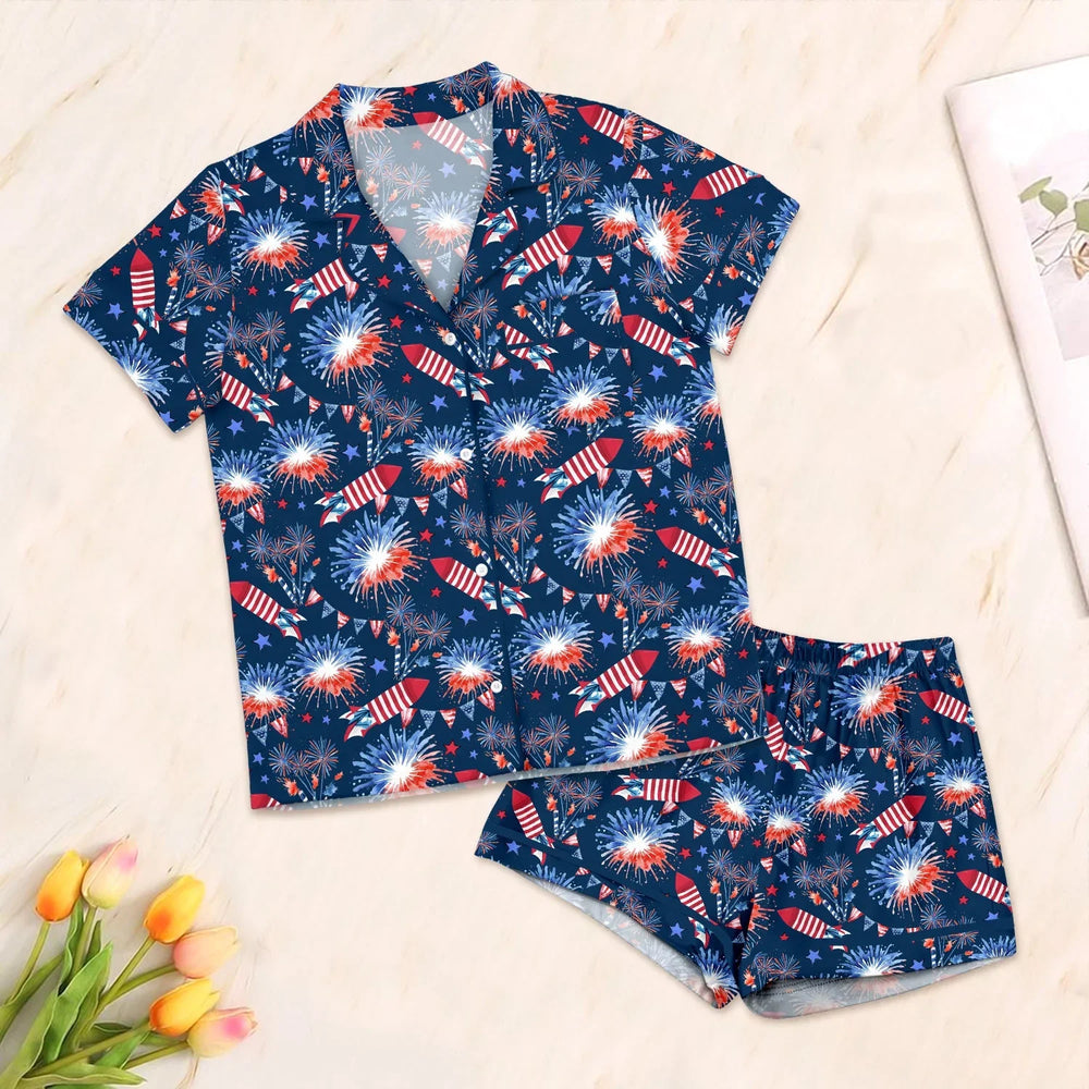 Firework Button Down Two Piece Short Sleeve Shorts Pajama Set , Firework Button Down Two Piece Short Sleeve Shorts Pajama Set - 3XS