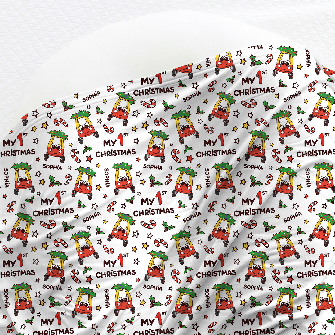 Custom Name Baby Car My 1st Christmas Swaddle Blanket