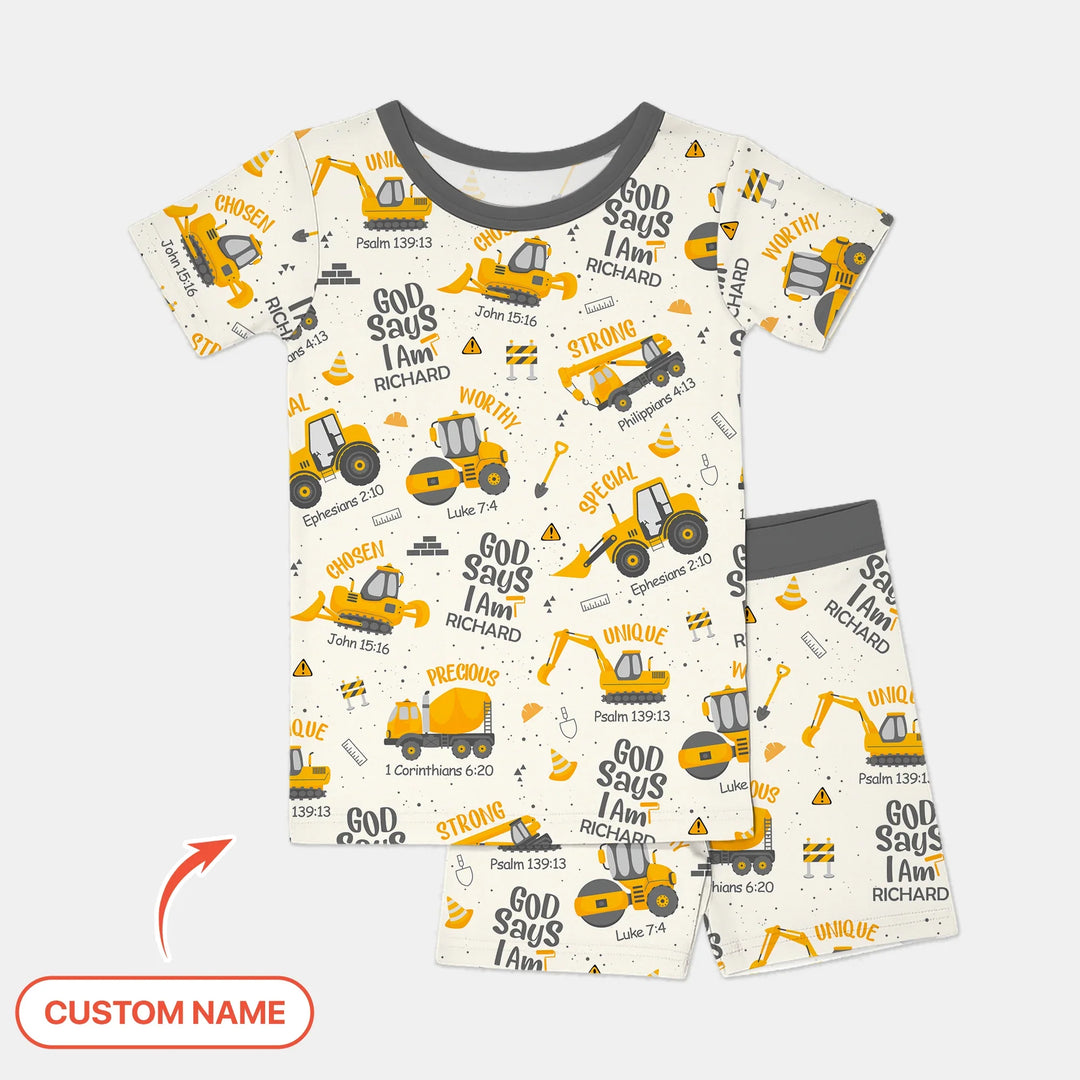 God Says I Am Custom Name Boy Two Piece Short Sleeve Shorts Pajama Set , God Says I Am Custom Name Boy Two Piece Short Sleeve Shorts Pajama Set - 12-18M