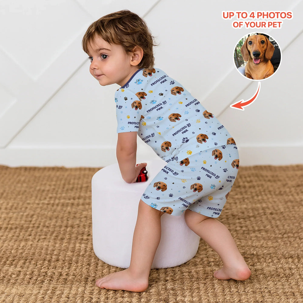 Custom Dog Photos "Protected By" Pawfect Blue Two Piece Short Sleeve Shorts Pajama Set , Custom Dog Photos "Protected By" Pawfect Blue Two Piece Short Sleeve Shorts Pajama Set - 12-18M