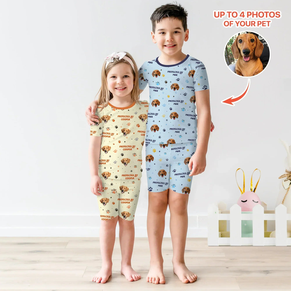 Custom Dog Photos "Protected By" Pawfect Blue Two Piece Short Sleeve Shorts Pajama Set , Custom Dog Photos "Protected By" Pawfect Blue Two Piece Short Sleeve Shorts Pajama Set - 12-18M