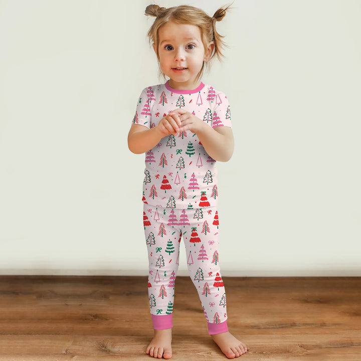 Pink Christmas Tree Farm Two Piece Short Sleeve Pajama Set , Pink Christmas Tree Farm Two Piece Short Sleeve Pajama Set - 12-18M