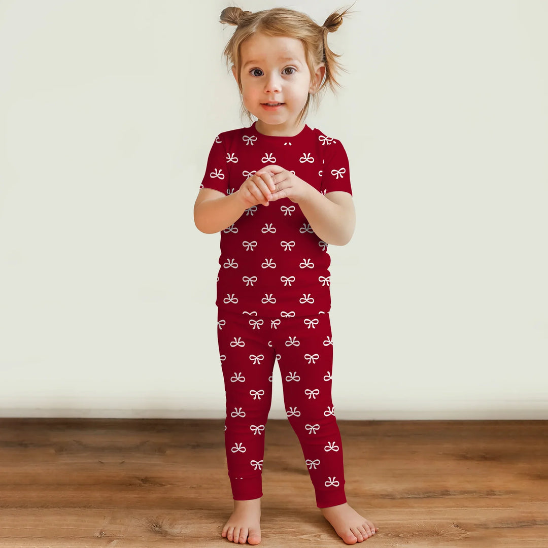 Christmas Cute Bows Two Piece Short Sleeve Pajama Set , Christmas Cute Bows Two Piece Short Sleeve Pajama Set - 12-18M