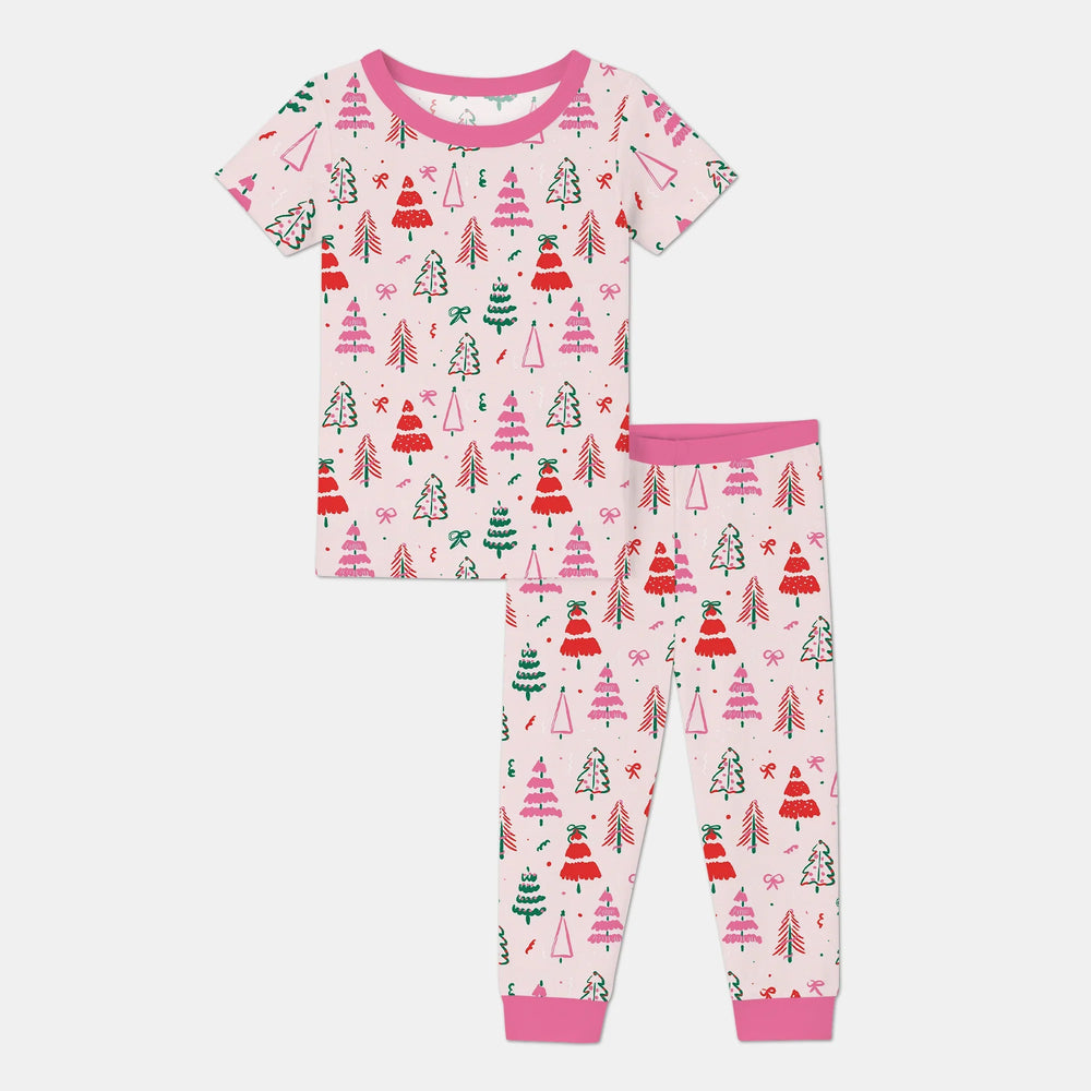 Pink Christmas Tree Farm Two Piece Short Sleeve Pajama Set , Pink Christmas Tree Farm Two Piece Short Sleeve Pajama Set - 12-18M