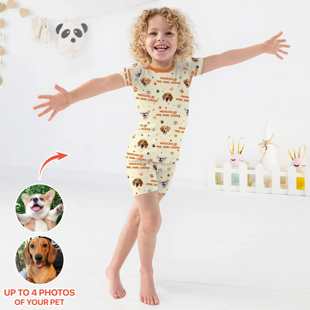 Custom Dog Photos "Protected By" Pawfect Yellow Two Piece Short Sleeve Shorts Pajama Set , Custom Dog Photos "Protected By" Pawfect Yellow Two Piece Short Sleeve Shorts Pajama Set - 12-18M