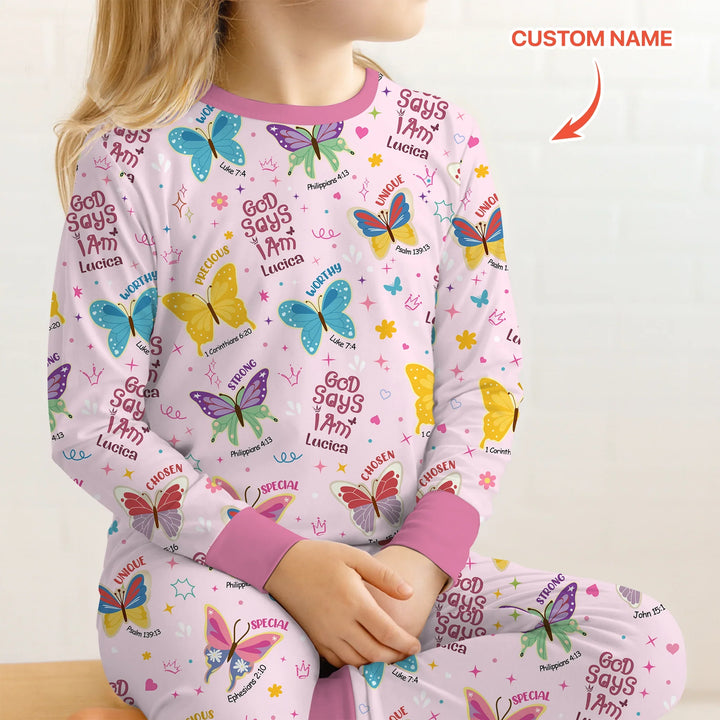 God Says I Am Custom Name Girl Two Piece Long Sleeve Pajama Set , God Says I Am Custom Name Girl Two Piece Long Sleeve Pajama Set - 12-18M