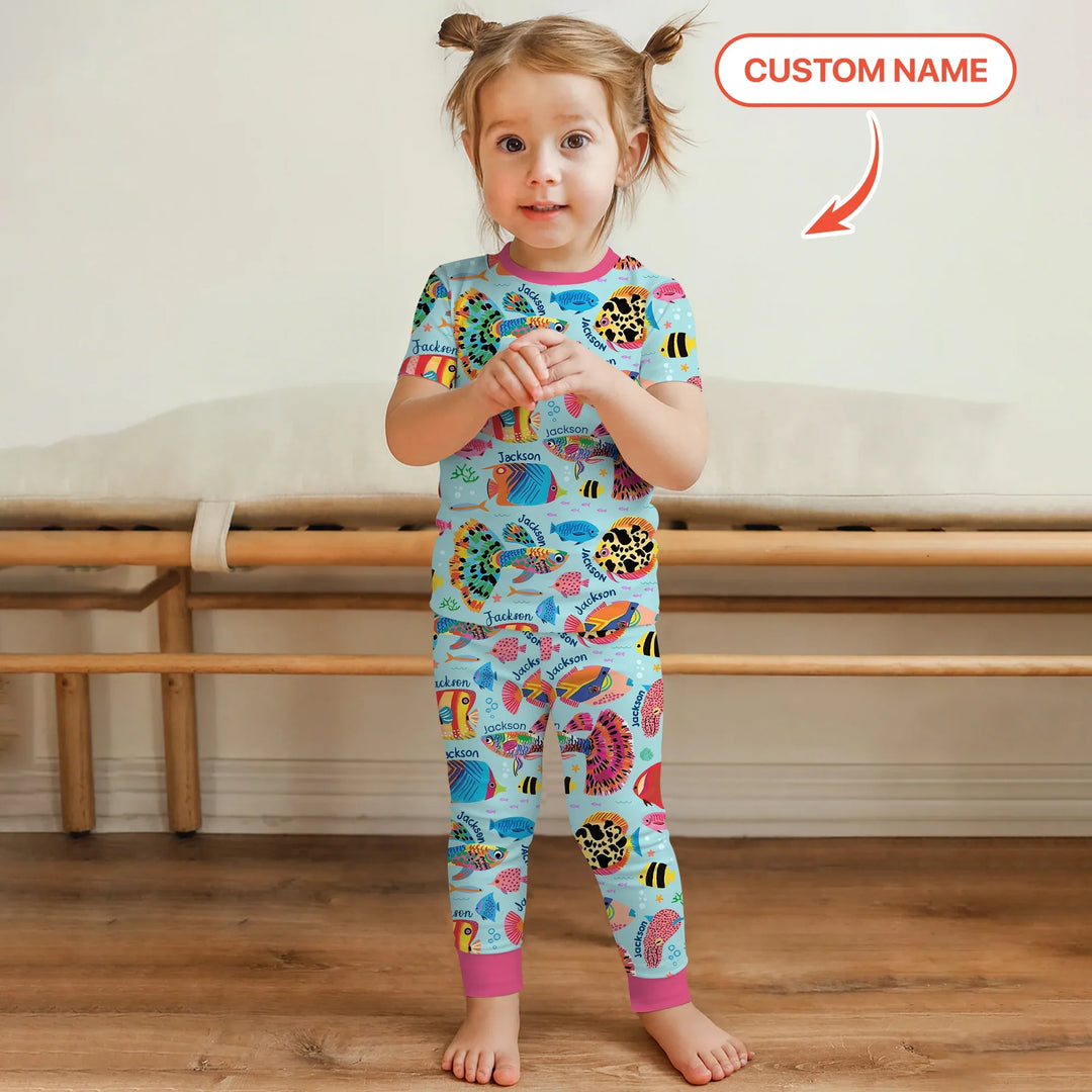 Custom Name Fish Dream Two Piece Short Sleeve Pajama Set , Custom Name Fish Dream Two Piece Short Sleeve Pajama Set - 12-18M