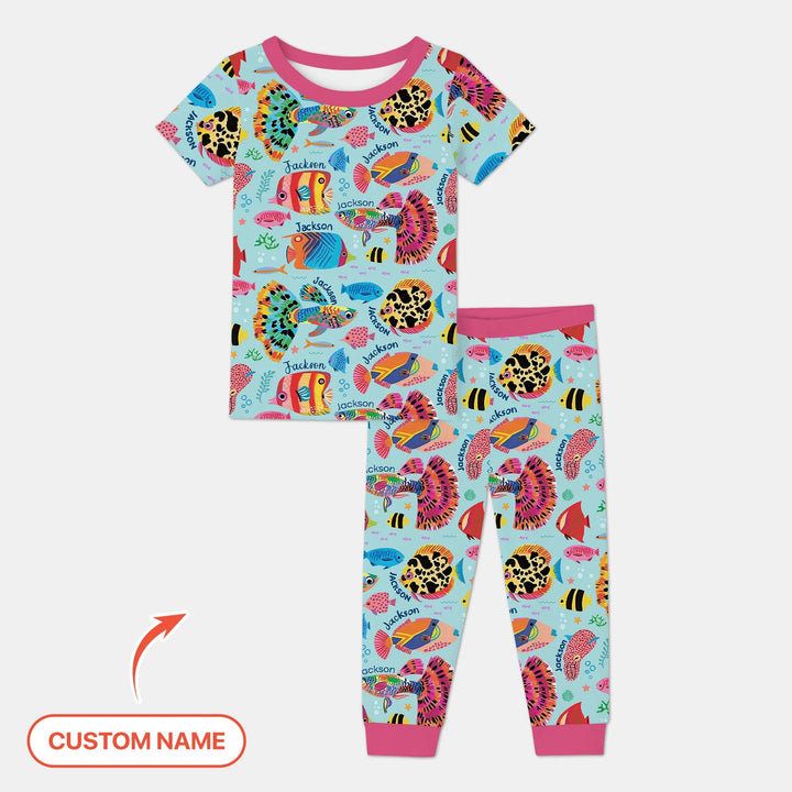 Custom Name Fish Dream Two Piece Short Sleeve Pajama Set , Custom Name Fish Dream Two Piece Short Sleeve Pajama Set - 12-18M