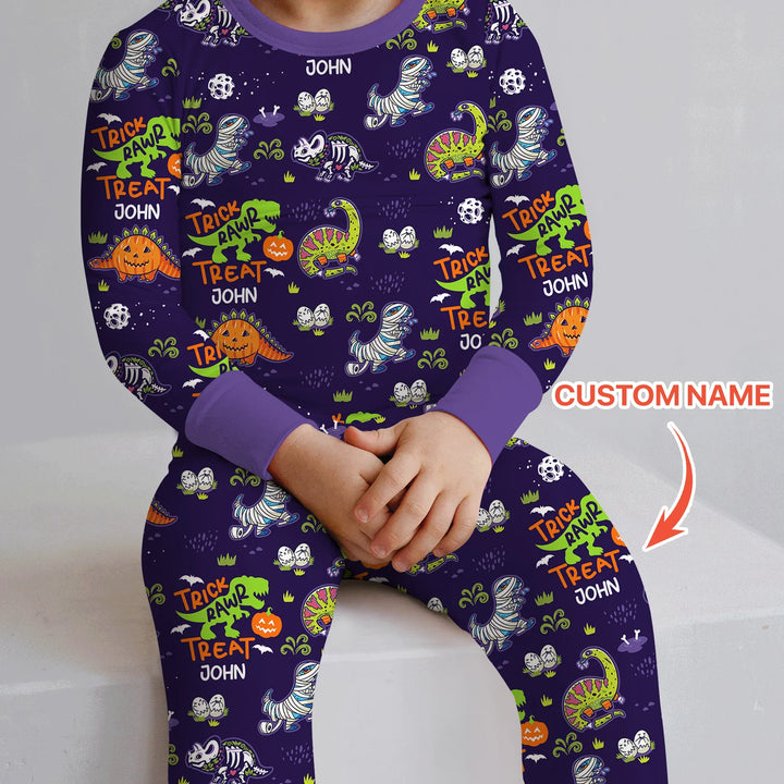 Trick Rawr Treat Custom Name Two Piece Long Sleeve Pajama Set , Trick Rawr Treat Custom Name Two Piece Long Sleeve Pajama Set - 12-18M