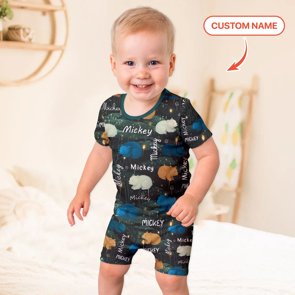 Woodland Whimsy Custom Name Two Piece Short Sleeve Shorts Pajama Set , Woodland Whimsy Custom Name Two Piece Short Sleeve Shorts Pajama Set - 12-18M