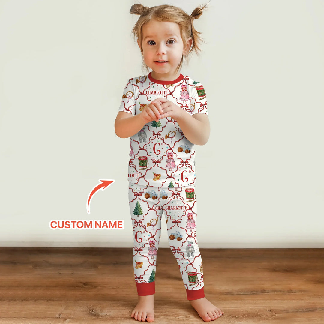 Vintage Christmas Toy Custom Name Girl Two Piece Short Sleeve Pajama Set , Vintage Christmas Toy Custom Name Girl Two Piece Short Sleeve Pajama Set - 12-18M