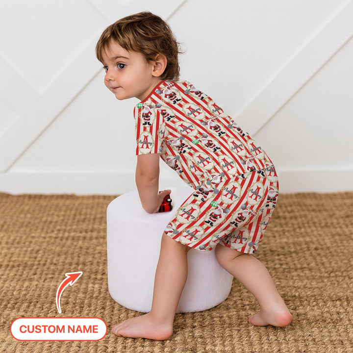 Custom Name Santa Stripes Two Piece Short Sleeve Shorts Pajama Set