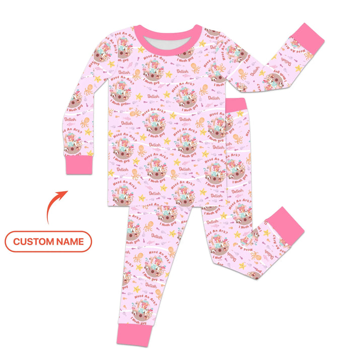 Noah’s Ark Custom Name Girl Two Piece Long Sleeve Pajama Set , Noah’s Ark Custom Name Girl Two Piece Long Sleeve Pajama Set - 12-18M