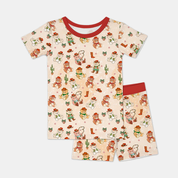 Christmas Cowboy Teddy Two Piece Short Sleeve Shorts Pajama Set