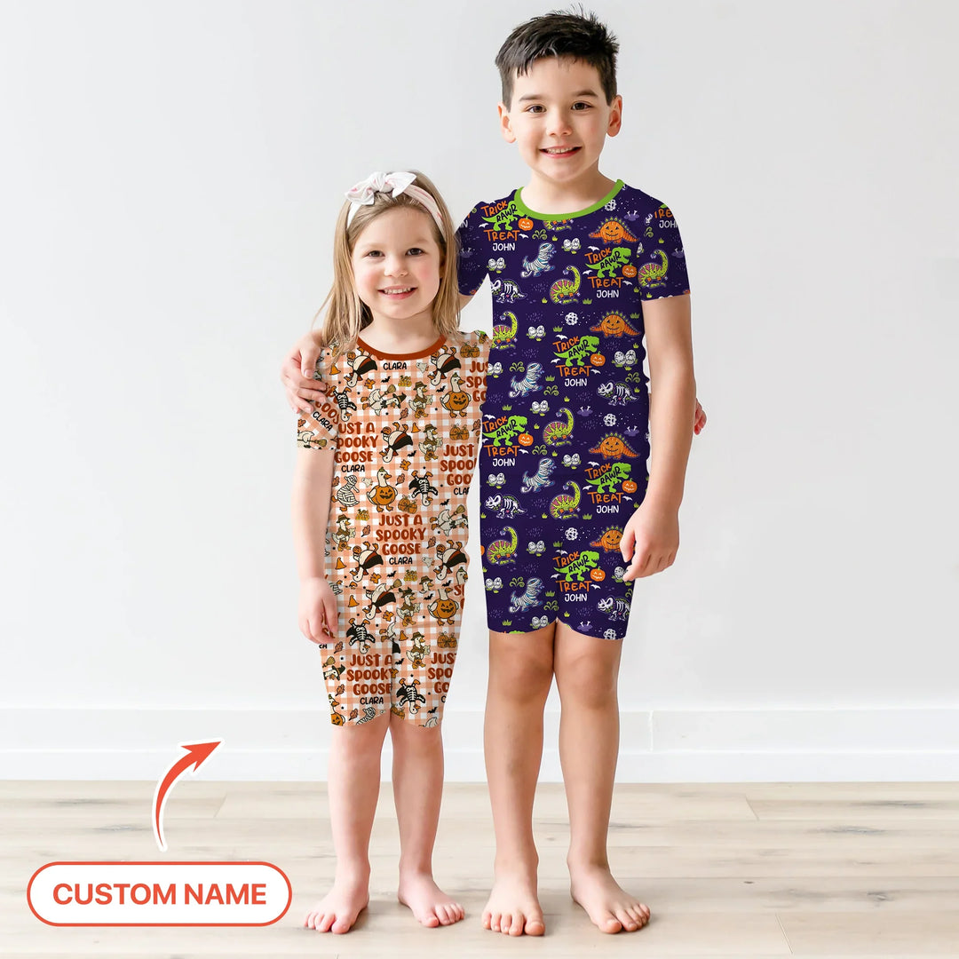 Just A Spooky Goose Custom Name Girl Version Short Sleeve Shorts Pajama Set , Just A Spooky Goose Custom Name Girl Version Short Sleeve Shorts Pajama Set - 12-18M
