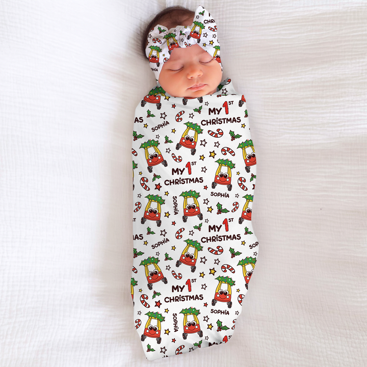 Custom Name Baby Car My 1st Christmas Swaddle Blanket