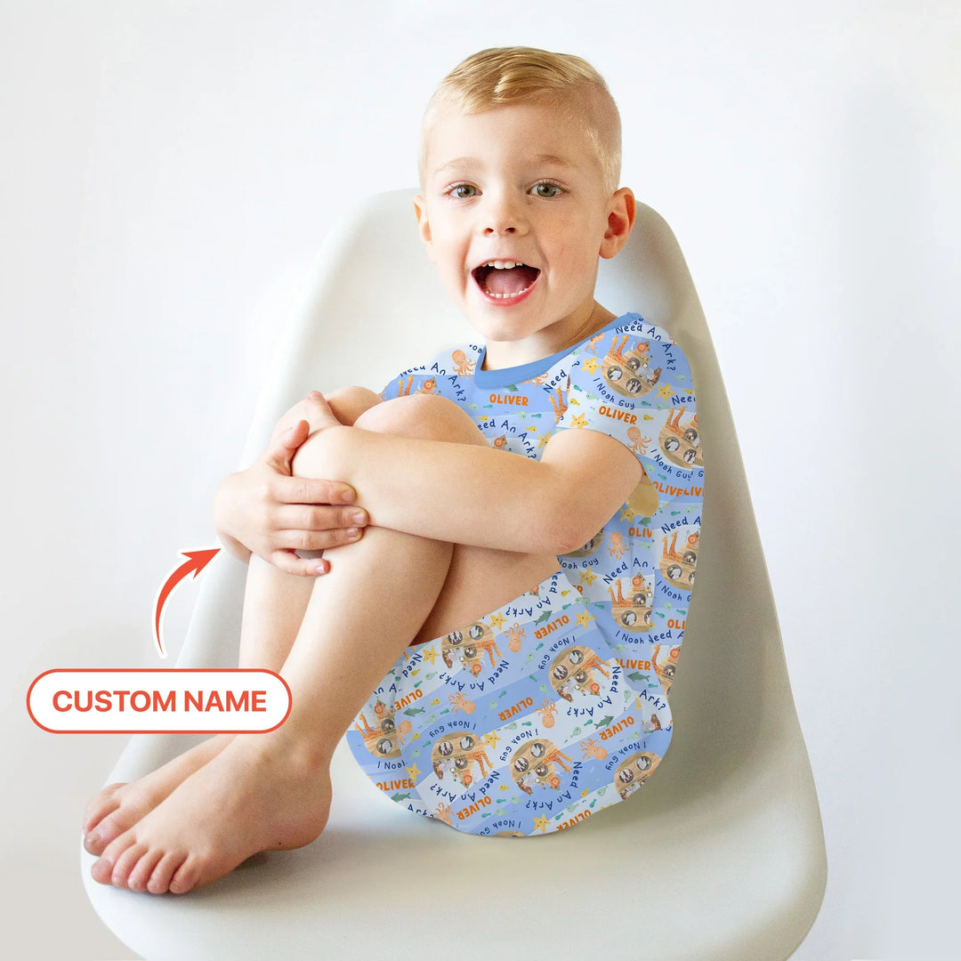 Noah’s Ark Custom Name Boy Two Piece Short Sleeve Shorts Pajama Set , Noah’s Ark Custom Name Boy Two Piece Short Sleeve Shorts Pajama Set - 12-18M