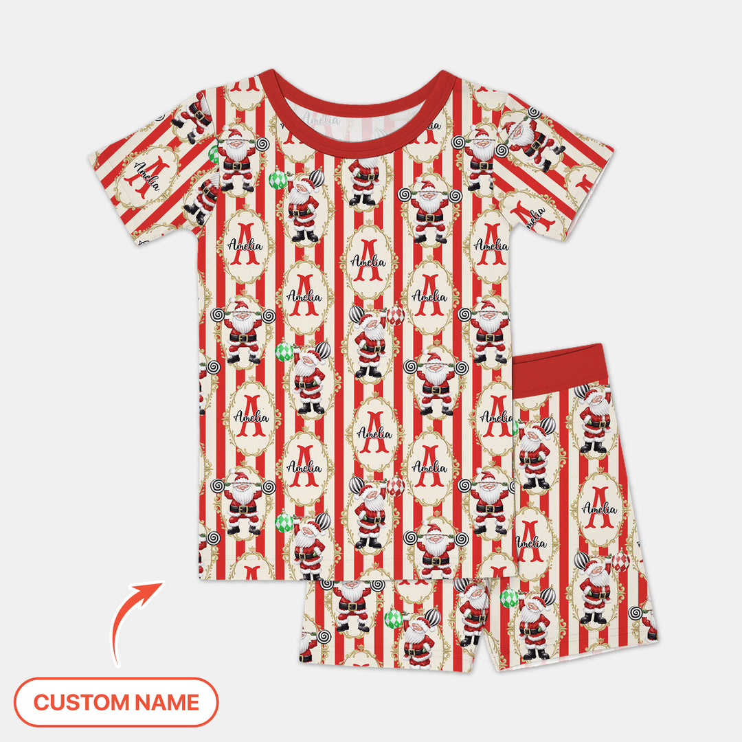 Custom Name Santa Stripes Two Piece Short Sleeve Shorts Pajama Set