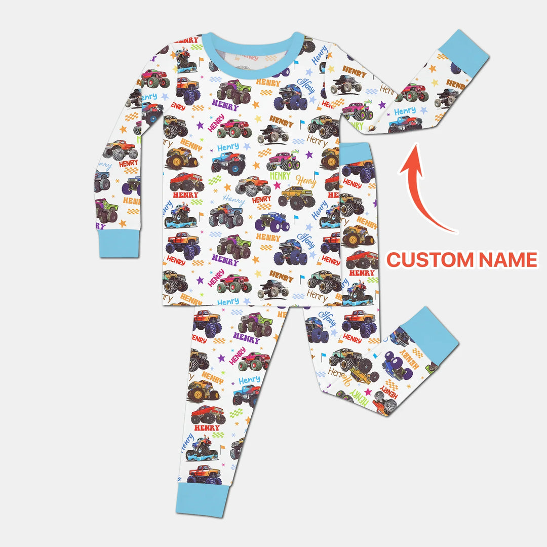 Monster Truck Custom Name Two Piece Long Sleeve Pajama Set