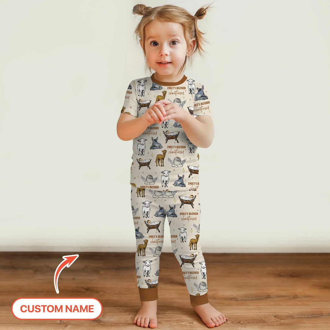 Custom Name Baby Blessed Christmas Two Piece Short Sleeve Pajama Set , Custom Name Baby Blessed Christmas Two Piece Short Sleeve Pajama Set - 12-18M