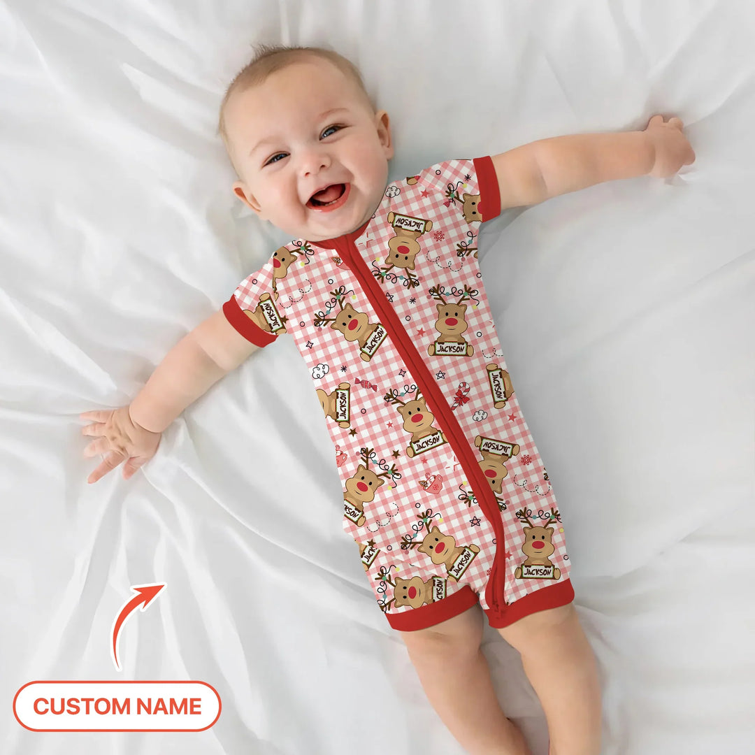 Custom Name Reindeer Gingham Shorty Zippy , Custom Name Reindeer Gingham Shorty Zippy - 0-3M