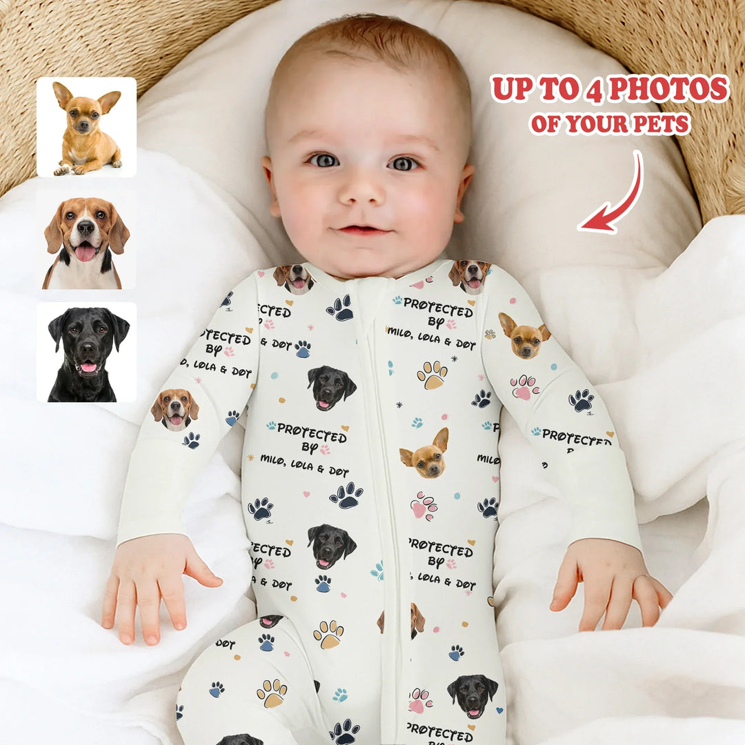 Custom Dogs Photo "Protected By" Convertible Zippered Romper , Custom Dogs Photo "Protected By" Convertible Zippered Romper - 0-3M