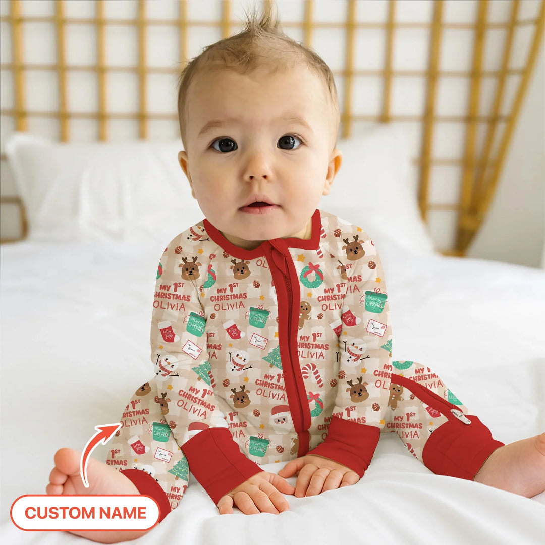 Custom Name My First Christmas Mocha Gingham Convertible Zippy , Custom Name My First Christmas Mocha Gingham Convertible Zippy - 0-3M