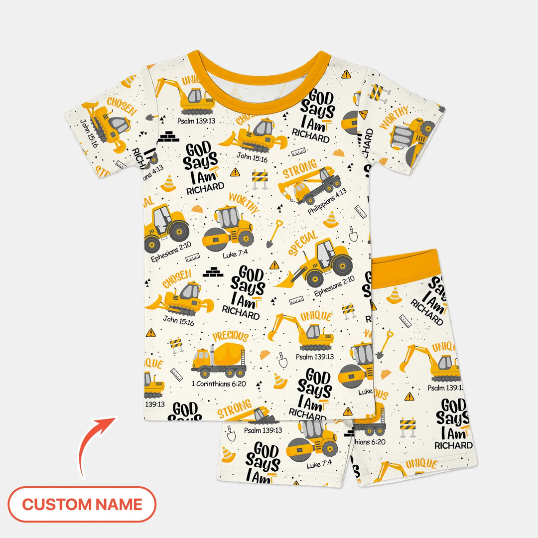 God Says I Am Custom Name Boy Two Piece Short Sleeve Shorts Pajama Set , God Says I Am Custom Name Boy Two Piece Short Sleeve Shorts Pajama Set - 12-18M