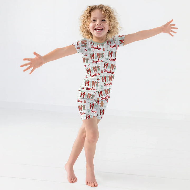 Custom Name Mama Mini Matching Christmas Two Piece Short Sleeve Shorts Pajama Set (Green) , Custom Name Mama Mini Matching Christmas Two Piece Short Sleeve Shorts Pajama Set (Green) - 12-18M