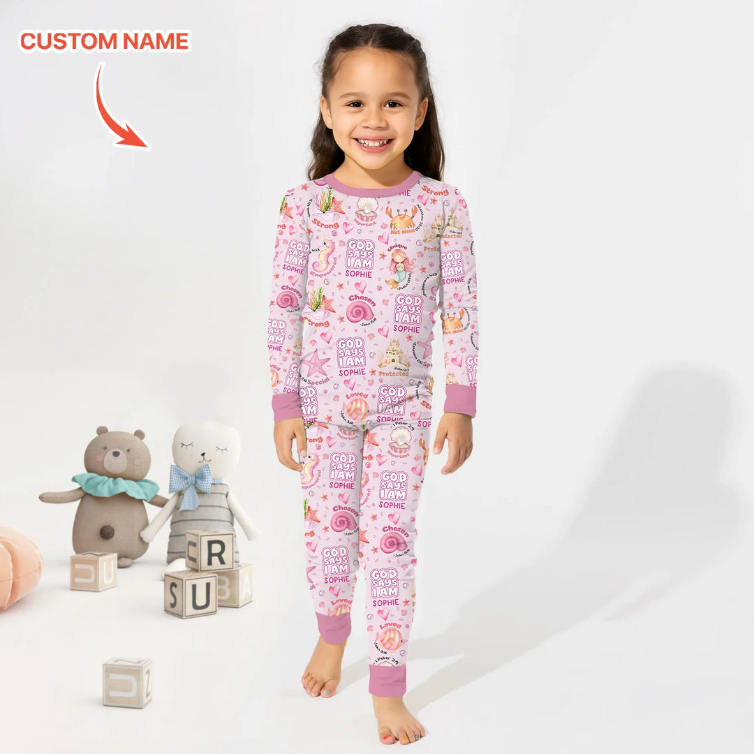 Mermaid God Says I Am Custom Name Two Piece Long Sleeve Pajama Set , Mermaid God Says I Am Custom Name Two Piece Long Sleeve Pajama Set - 12-18M