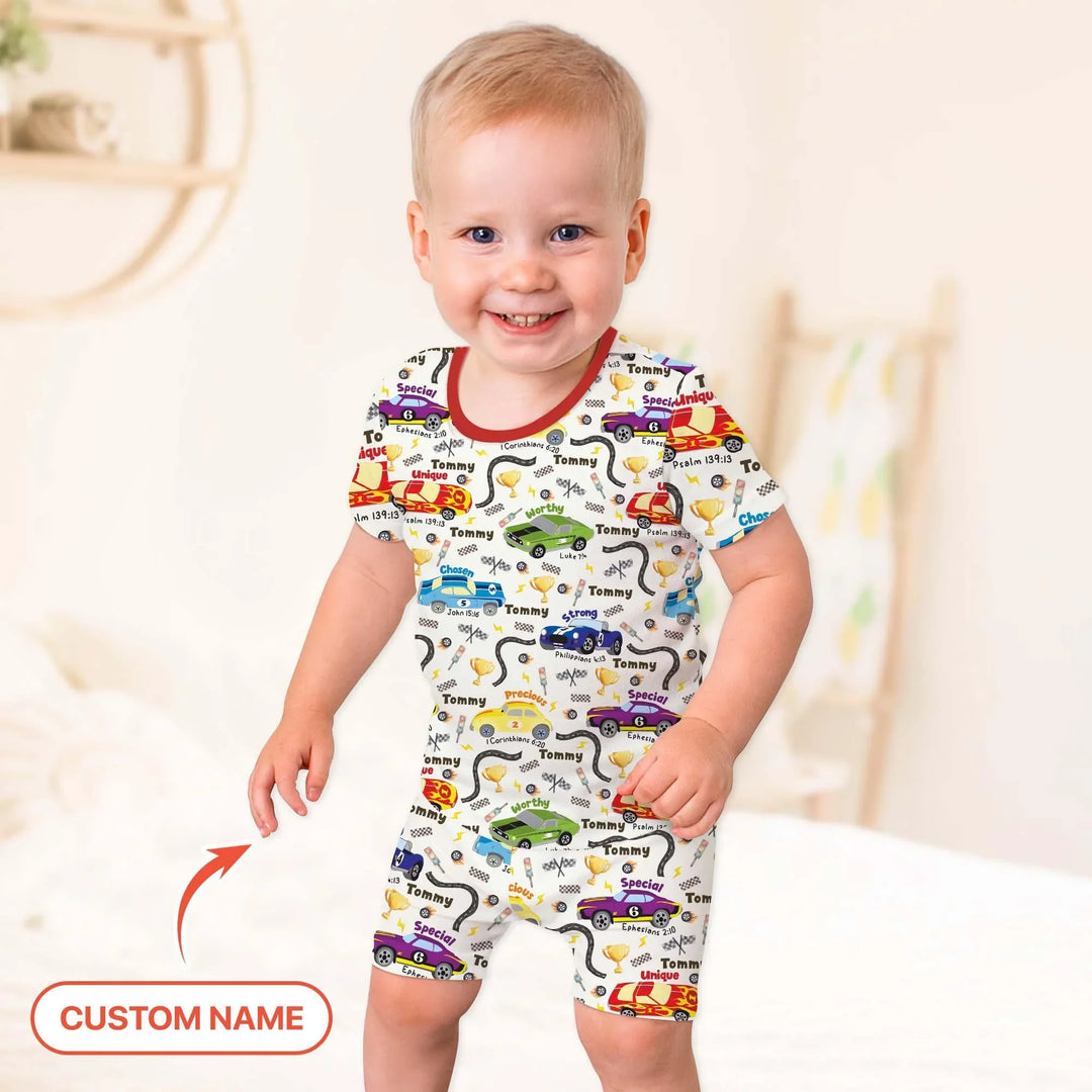 Racing Fun God Says I Am Custom Name Two Piece Short Sleeve Pajama Set , Racing Fun God Says I Am Custom Name Two Piece Short Sleeve Pajama Set - 12-18M