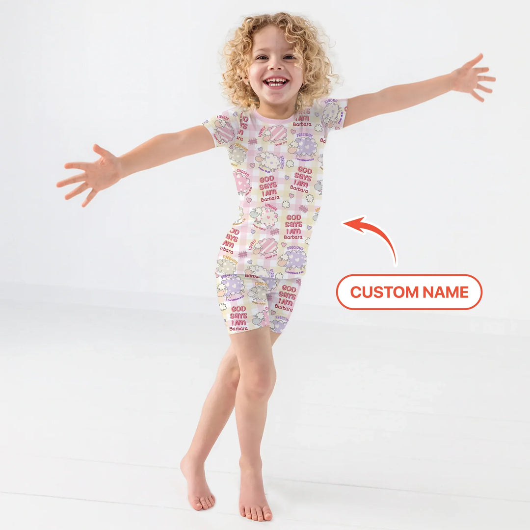 Little Lamb God Says I Am Custom Name Short Sleeve Shorts Pajama Set , Little Lamb God Says I Am Custom Name Short Sleeve Shorts Pajama Set - 12-18M