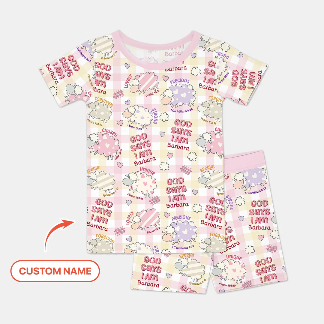Little Lamb God Says I Am Custom Name Short Sleeve Shorts Pajama Set , Little Lamb God Says I Am Custom Name Short Sleeve Shorts Pajama Set - 12-18M