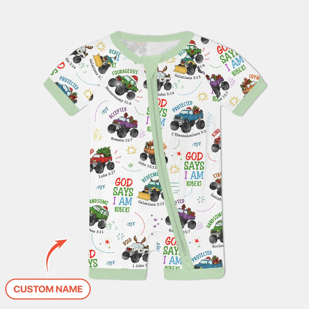 Personalized God Says I Am Christmas Monster Truck Shorty Zippy