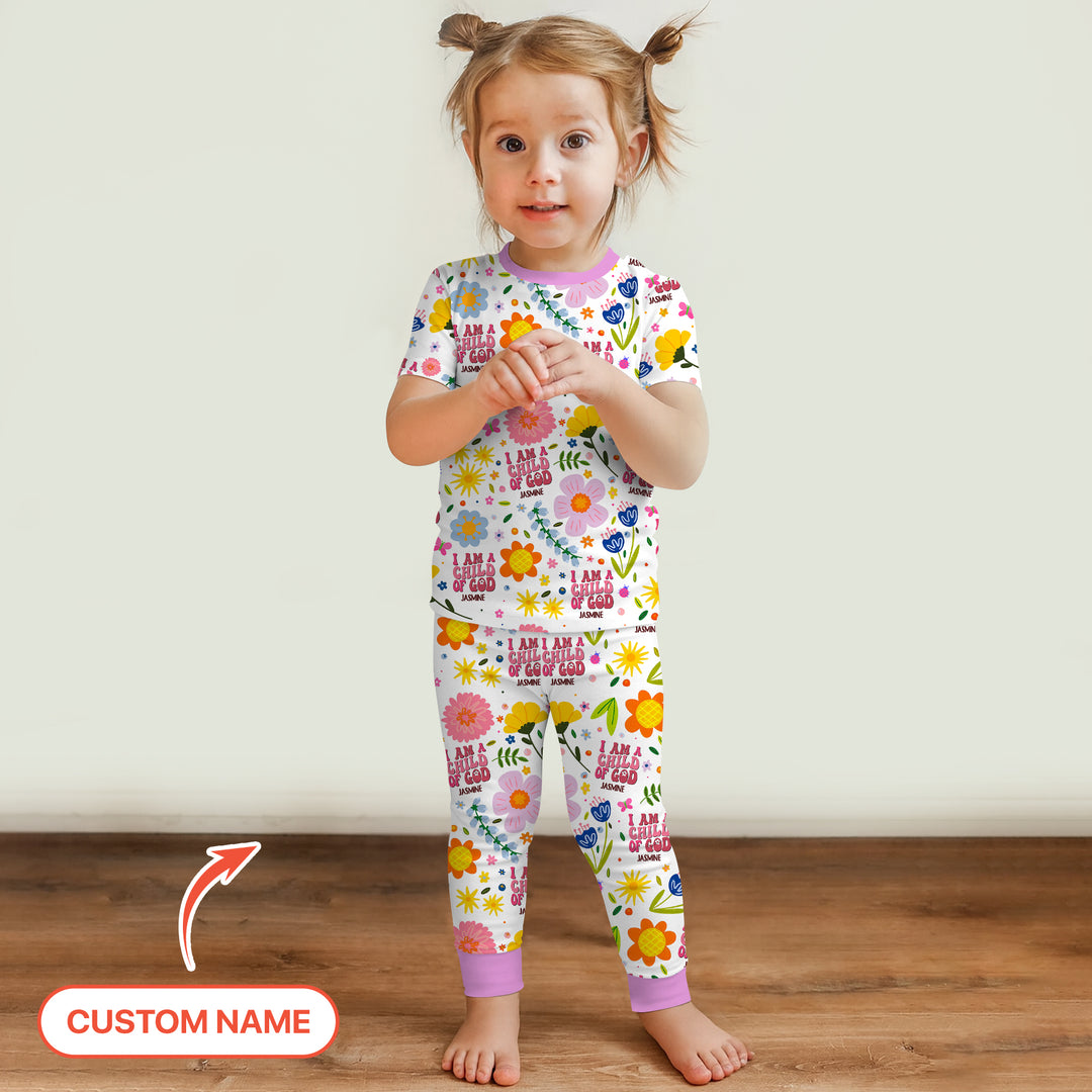 I Am A Child Of God Custom Name Girl Two Piece Short Sleeve Pajama Set
