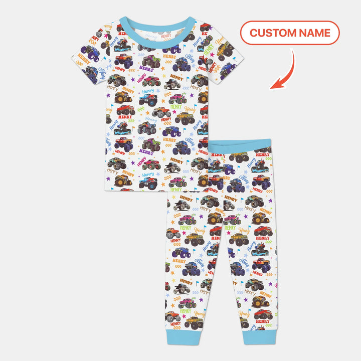 Monster Truck Custom Name Two Piece Short Sleeve Pajama Set