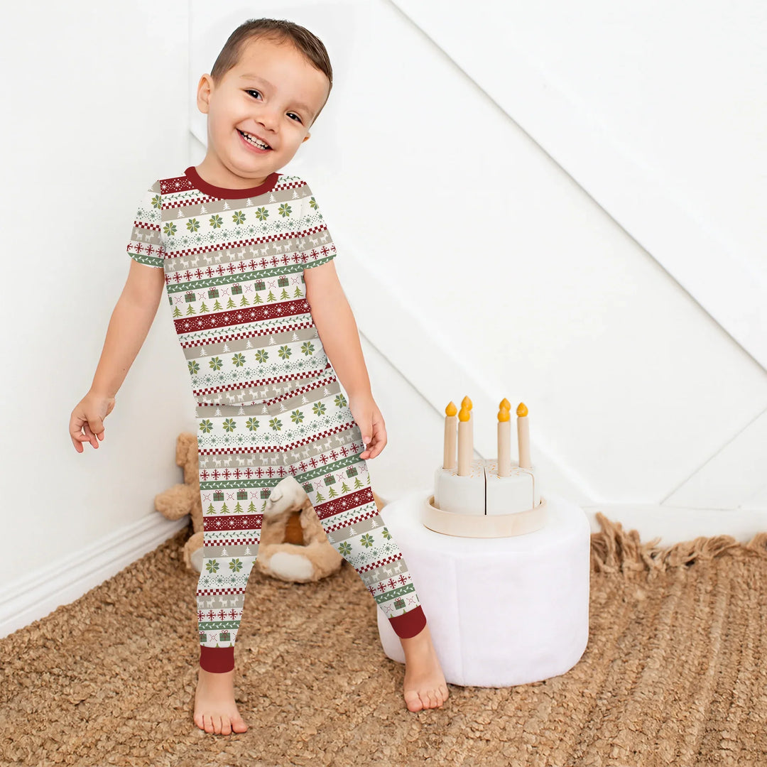 Christmas Fair Isle Red and Green Two Piece Short Sleeve Pajama Set , Christmas Fair Isle Red and Green Two Piece Short Sleeve Pajama Set - 12-18M